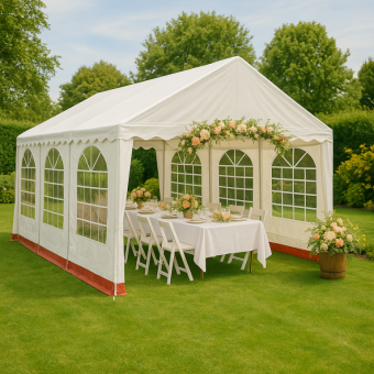 Zahradní párty stan 6×4 m, bílý a červený pruh, PVC 400 g/m²
